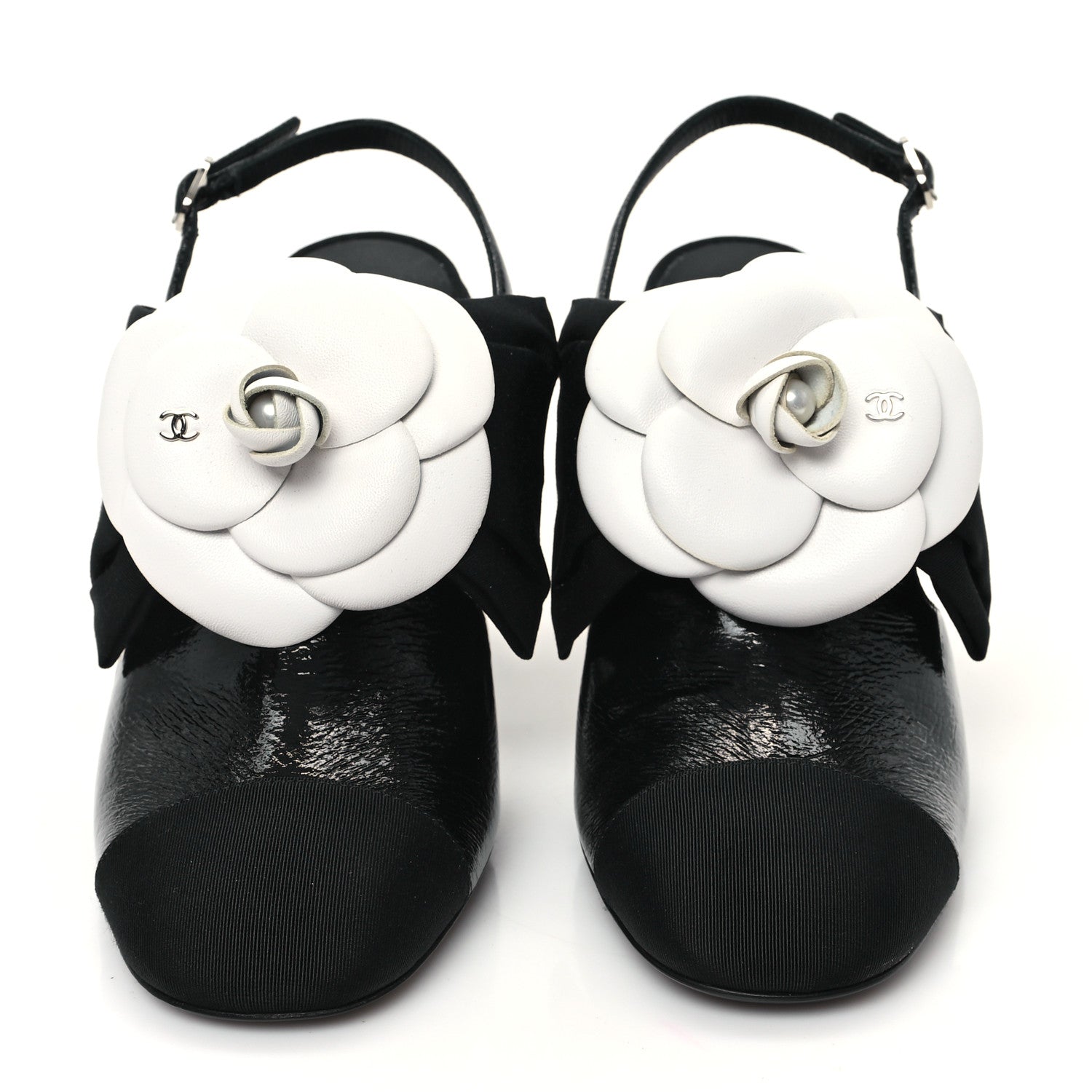 Crumpled Shiny Fabric Grosgrain Cap Toe Camellia Bow Slingback Pumps 38 Black