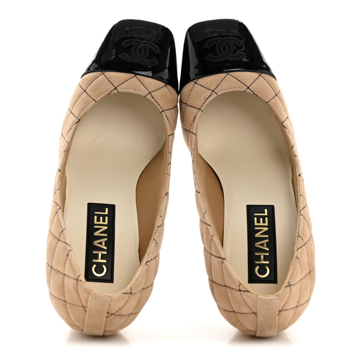 Suede Kidskin Patent Quilted CC Cap Toe Pumps 39 Beige Black