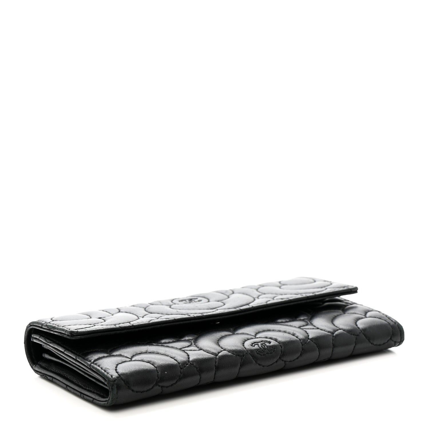 Lambskin Embossed Camellia Flap Wallet Black