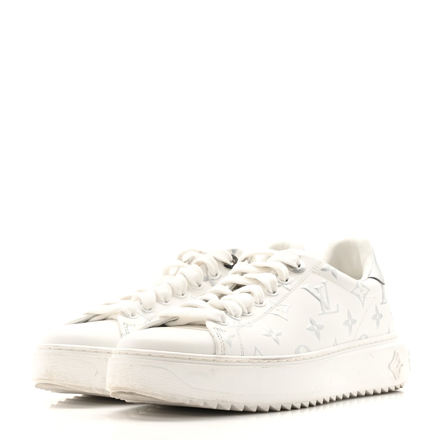 Calfskin Monogram Debossed Time Out Sneakers 38 White Silver