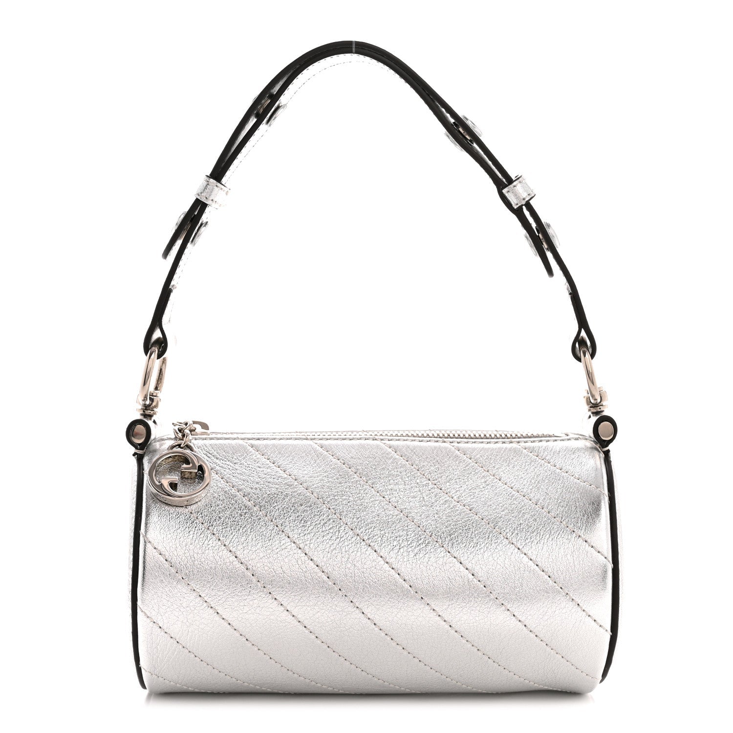 Sakai Be Green Calfskin Diagonal Stitched Mini Blondie Barrel Shoulder Bag Silver