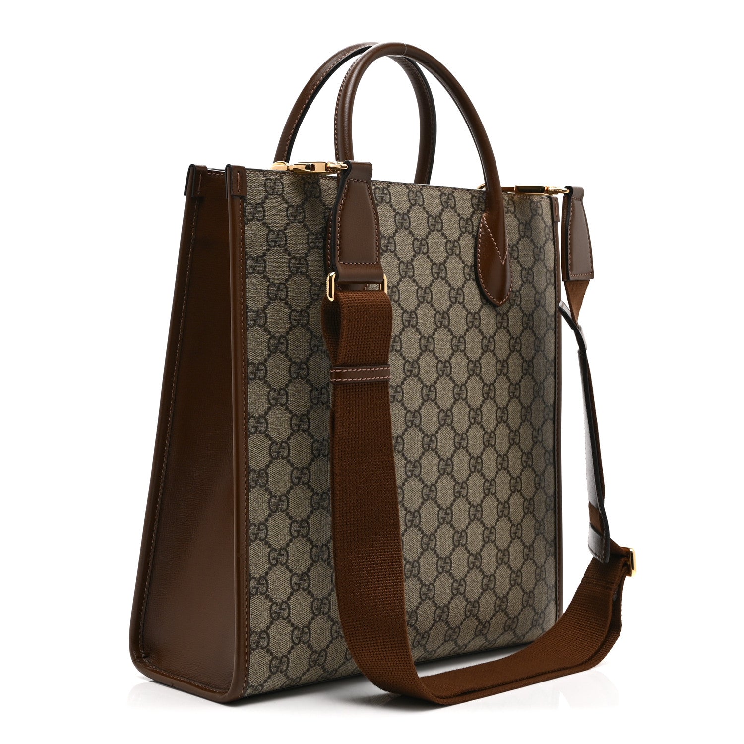 GG Supreme Monogram Textured Dollar Calfskin Web Small Retro Interlocking G Vertical Tote Bag Beige Ebony Brown Sugar