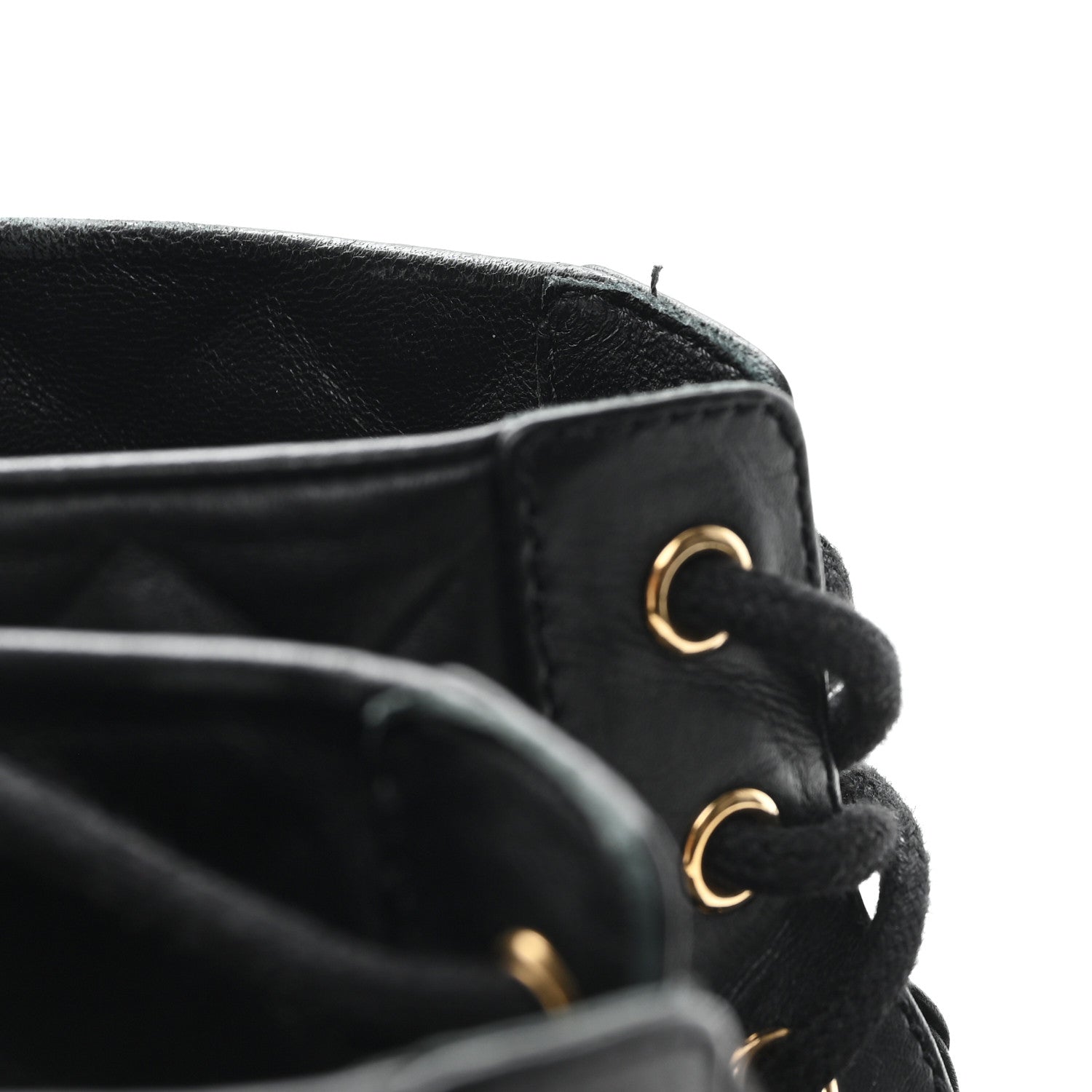 Shiny Calfskin Quilted Lace Up Combat Boots 38.5 Black