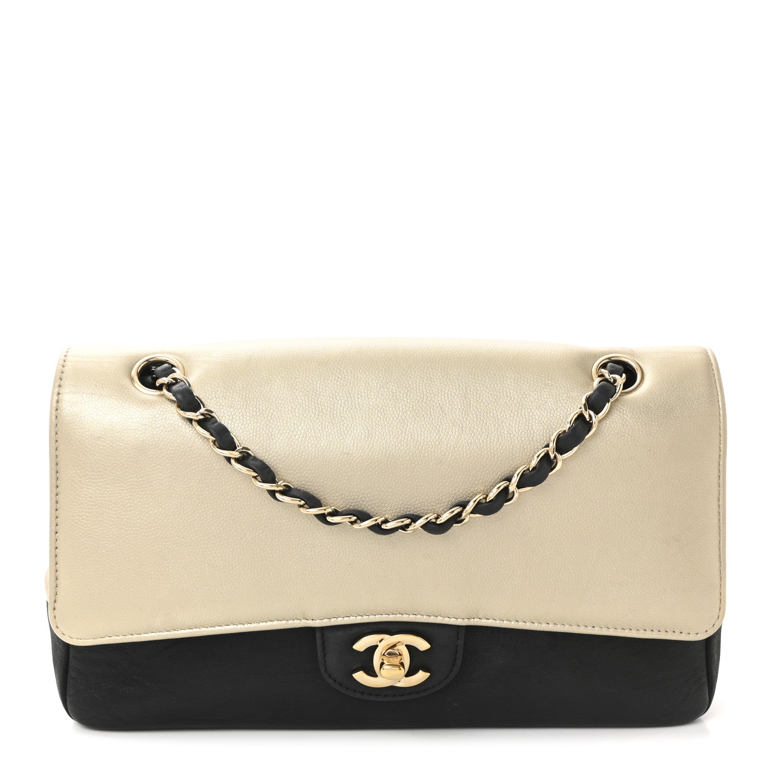 Metallic Grained Calfskin Medium Classic Pure Double Flap Gold Black