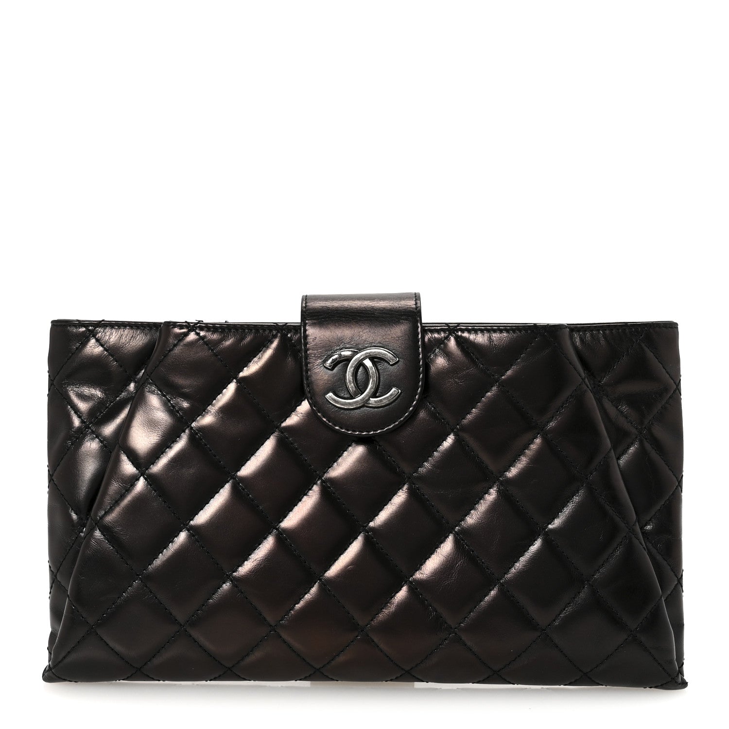 Glazed Calfskin Quilted Coco Pleats Clutch Black