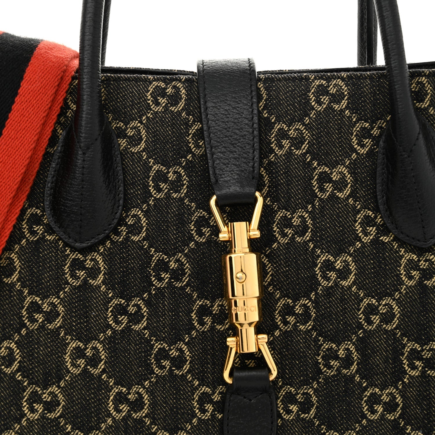 Jacquard Black Denim GG Monogram Textured Dollar Calfskin Medium Jackie 1961 Tote Black Ivory