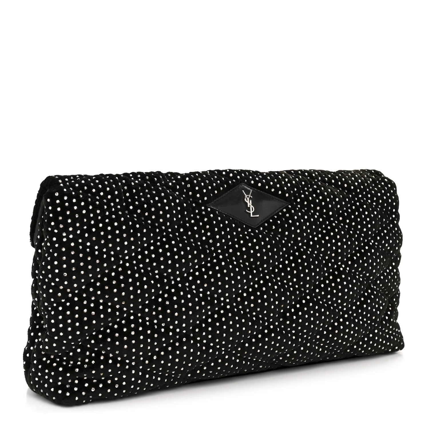 Velvet Lambskin Quilted Rhinestone Sade Puffer Envelope Clutch Black