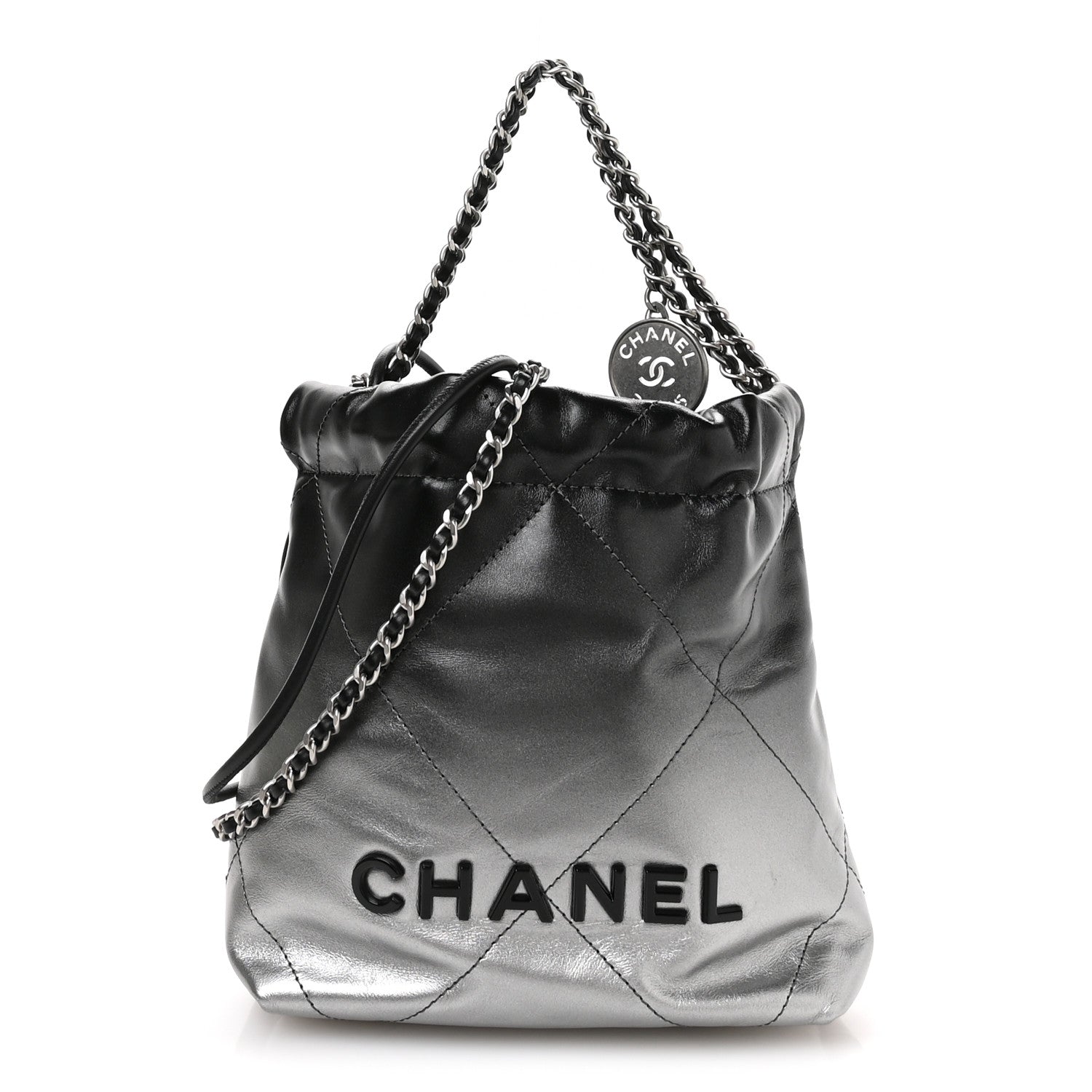 Metallic Shaded Calfskin Quilted Mini Chanel 22 Black Silver