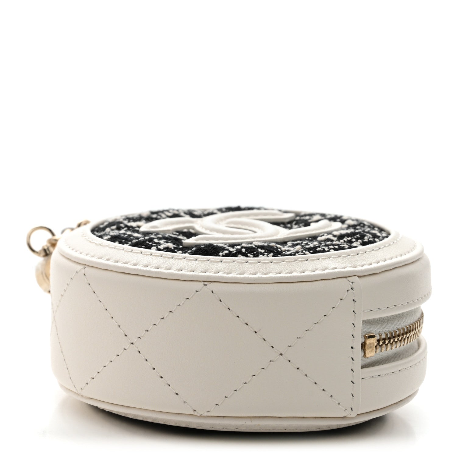 Tweed Quilted Round Filigree Pouch With Chain White Black