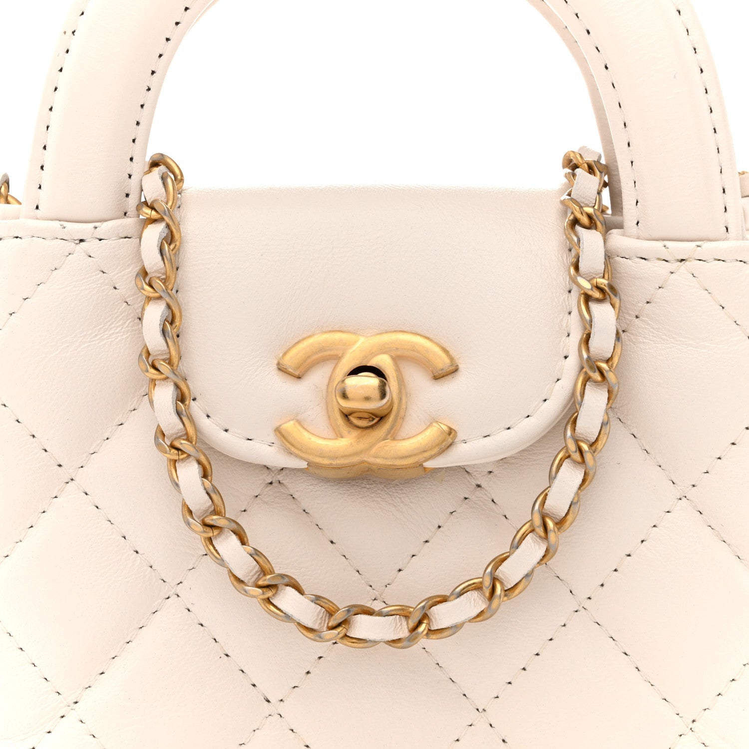 Shiny Aged Calfskin Quilted Mini Nano Kelly Shopper White