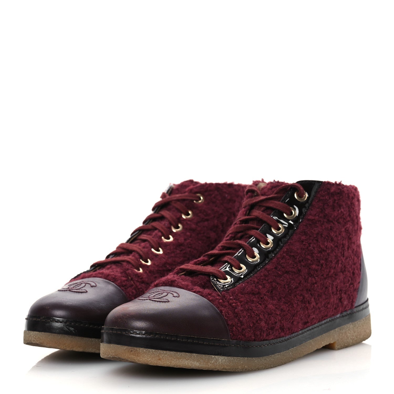 Tweed Calfskin Patent CC Lace Up Short Boots 39 Burgundy