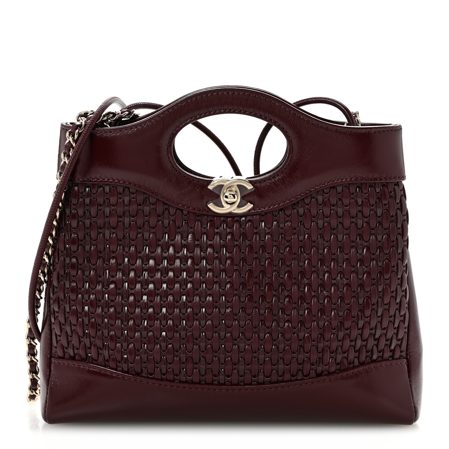 Shiny Lambskin Patent Calfskin Quilted Mini 31 Shopping Bag Dark Burgundy