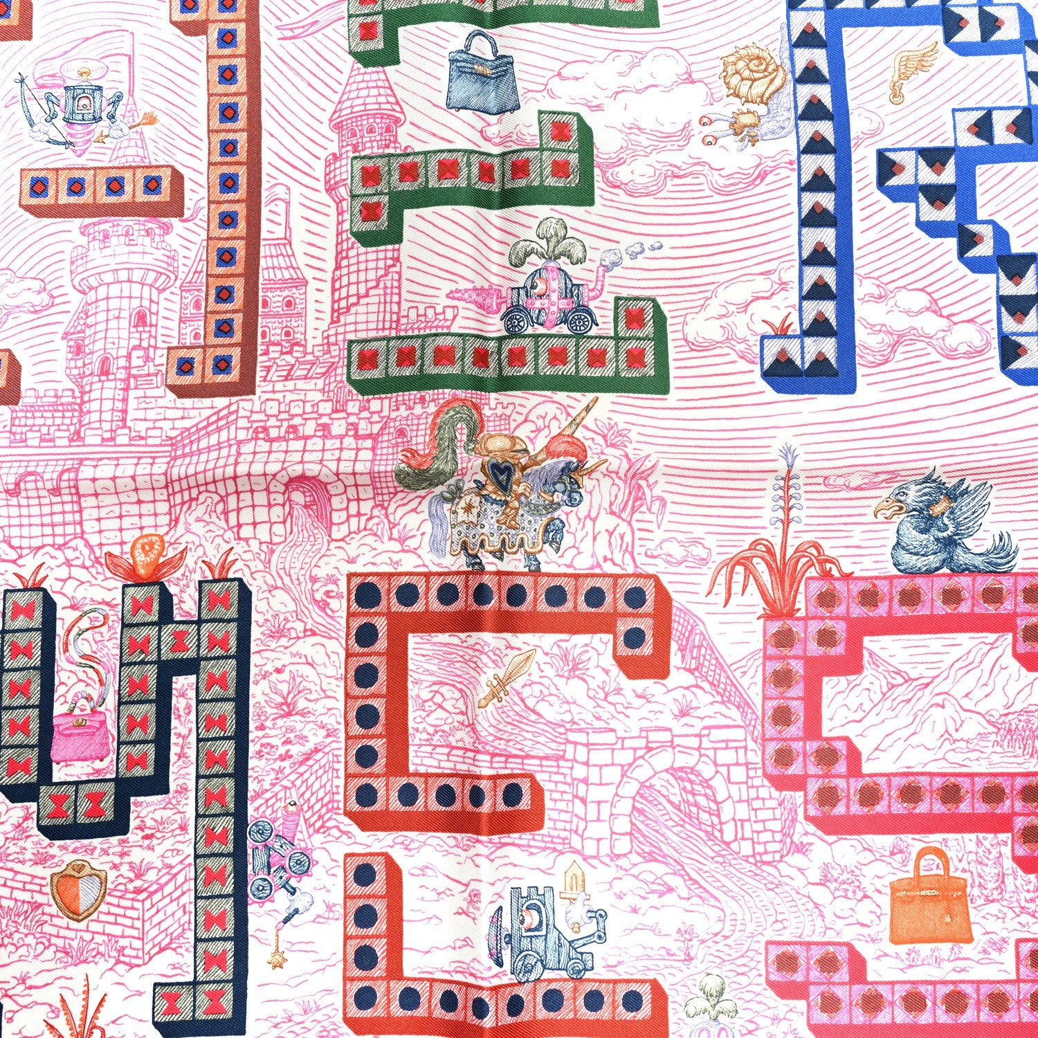 Silk Twill Super Silk Quest Detail Scarf 45 Rose Bleu Vert
