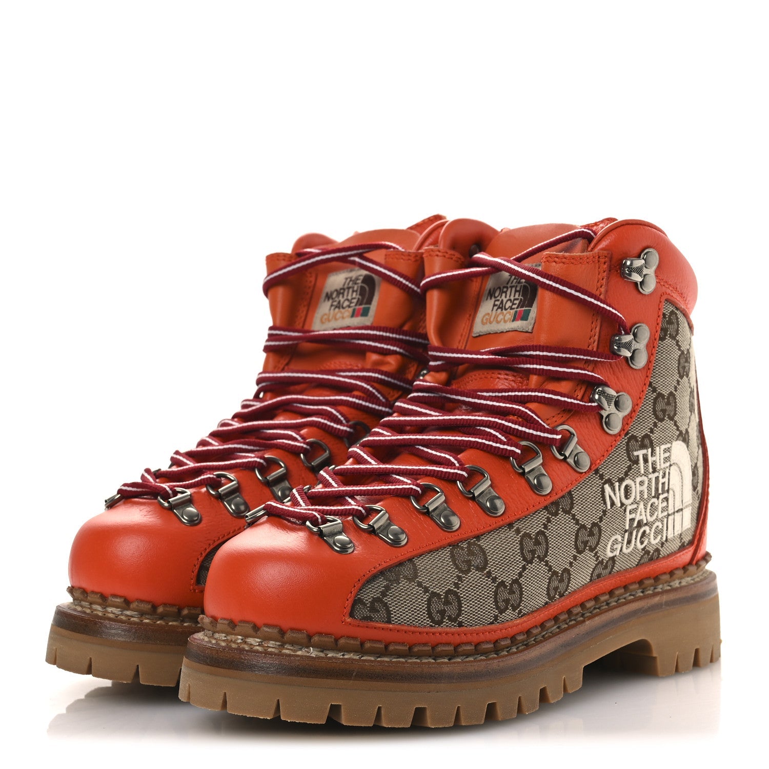 X THE NORTH FACE Monogram Textured Calfskin Hiking Ankle Boots 37 Beige Ebony Deep Orange