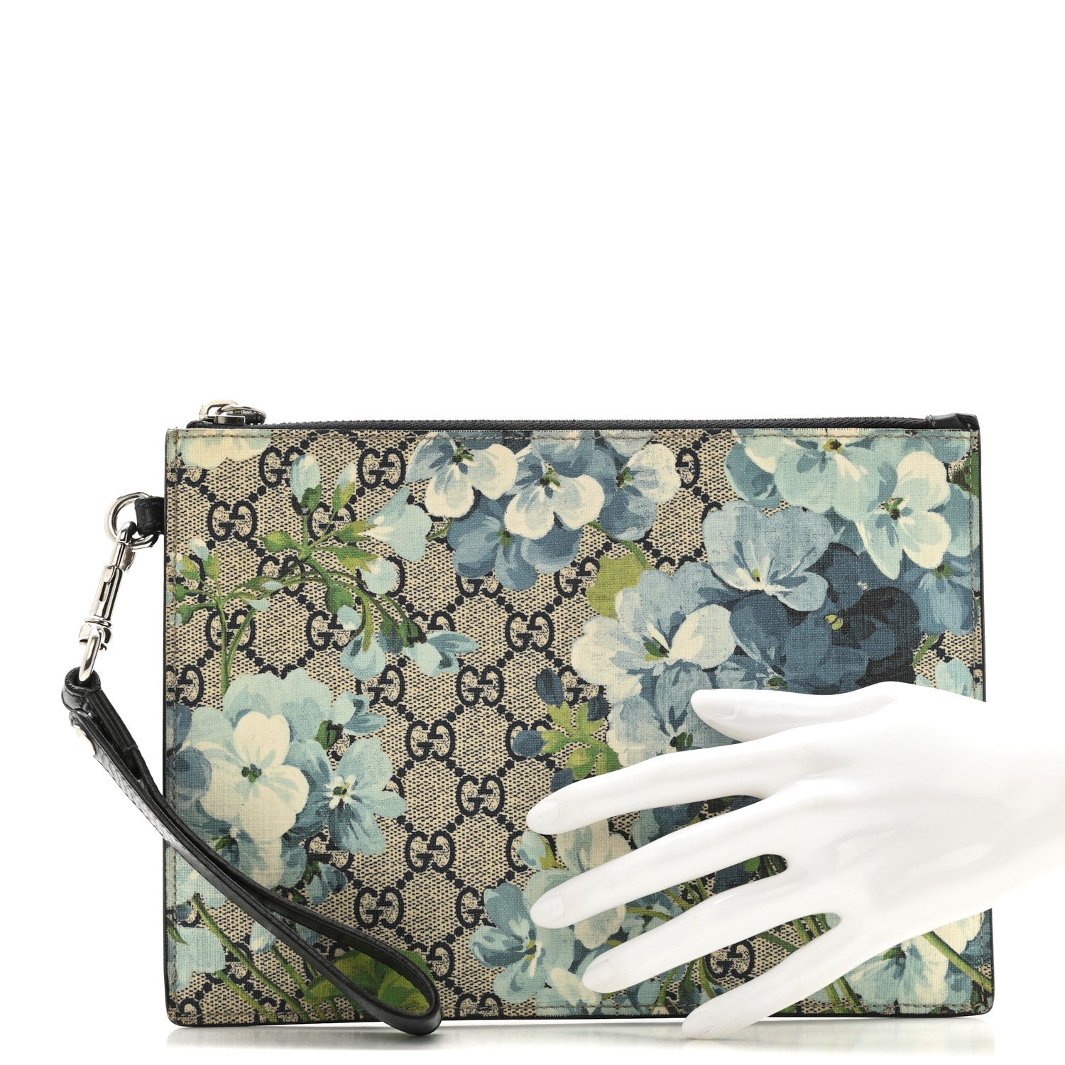 GG Supreme Monogram Blooms Small Zip Wristlet Pouch Beige Blue Black