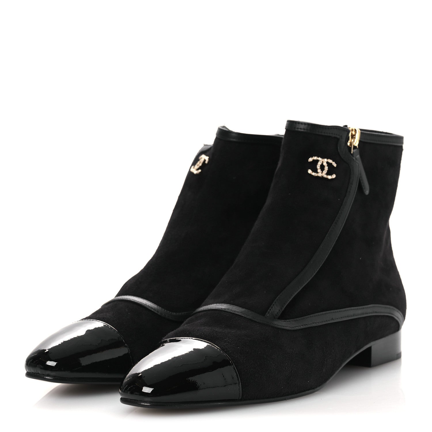 Suede Lambskin Patent Calfskin CC Cap Toe Ankle Boots 40 Black