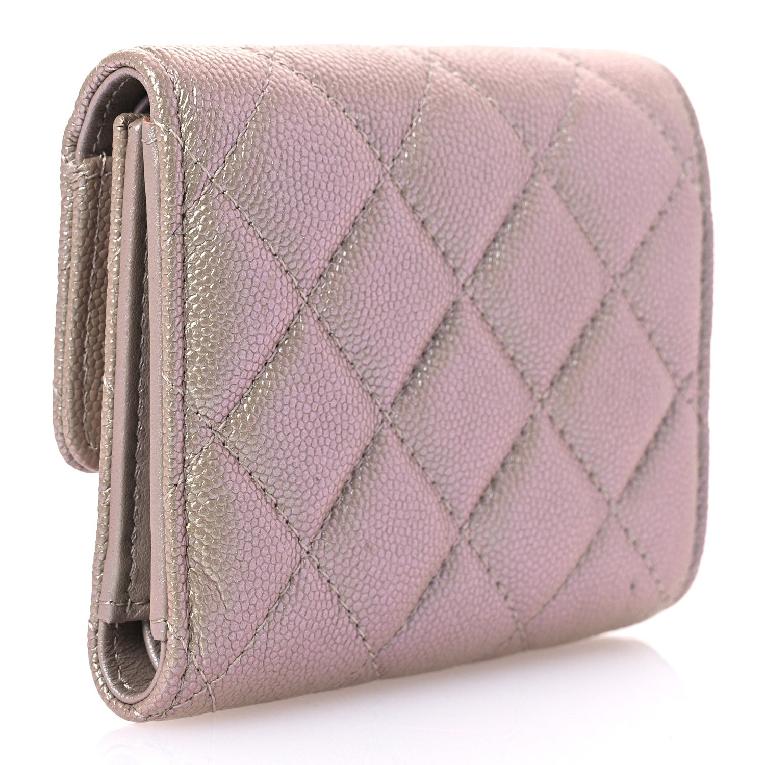 Iridescent Caviar Quilted Small Flap Wallet Beige