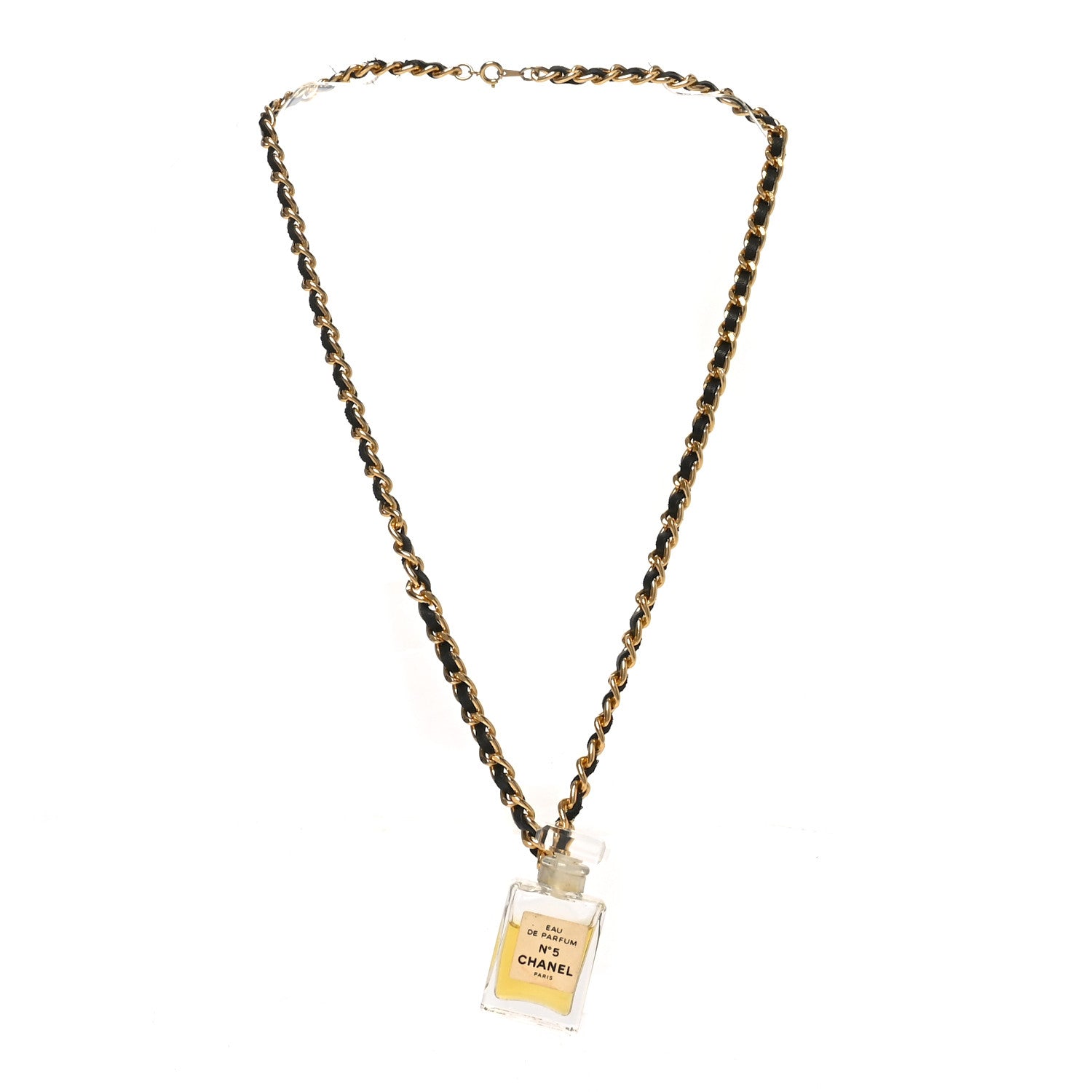 Metal Lambskin Resin CC No 5 Perfume Bottle Necklace Gold Black