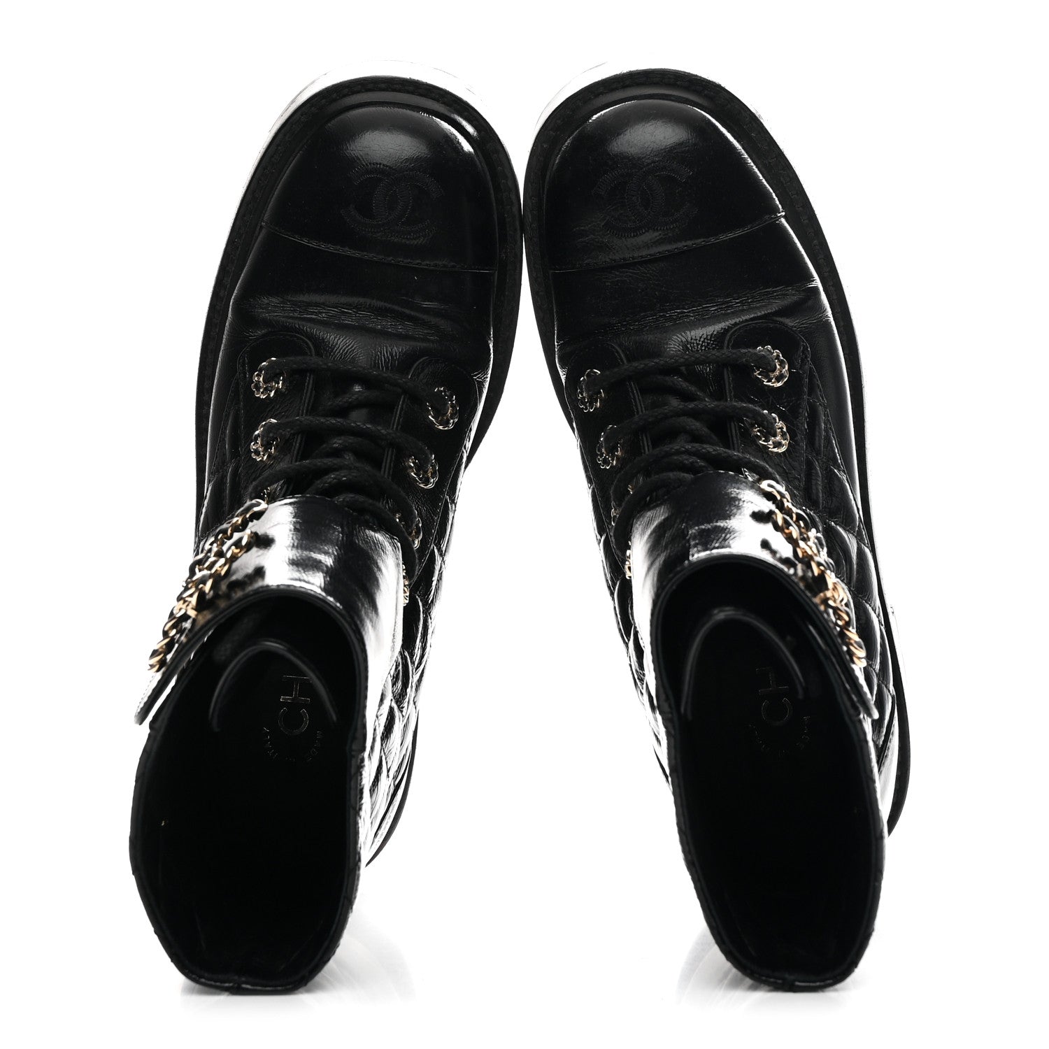Shiny Goatskin Calfskin Quilted Lace Up Combat Boots 37 Black