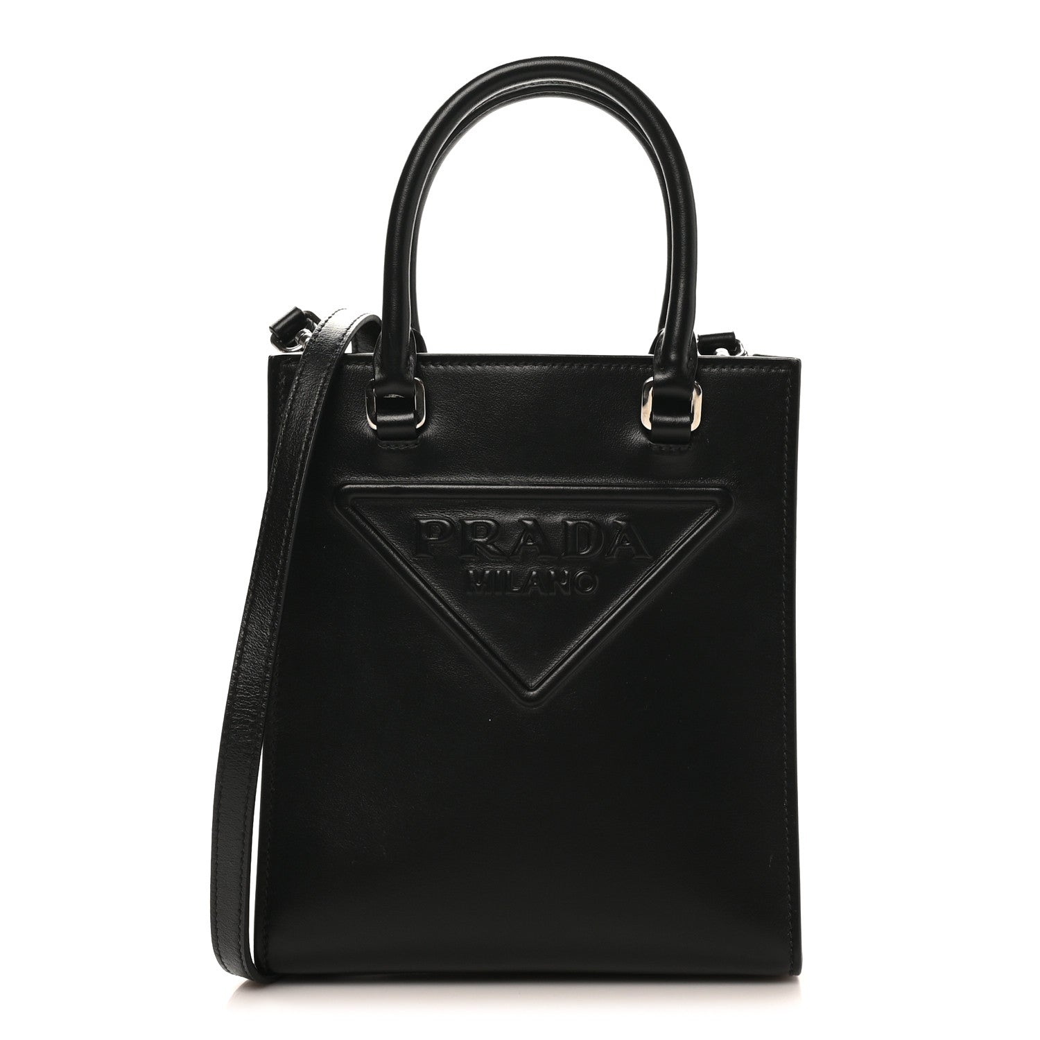 Soft Calfskin Triangle Logo Embossed Small Double Handle Crossbody Tote Black