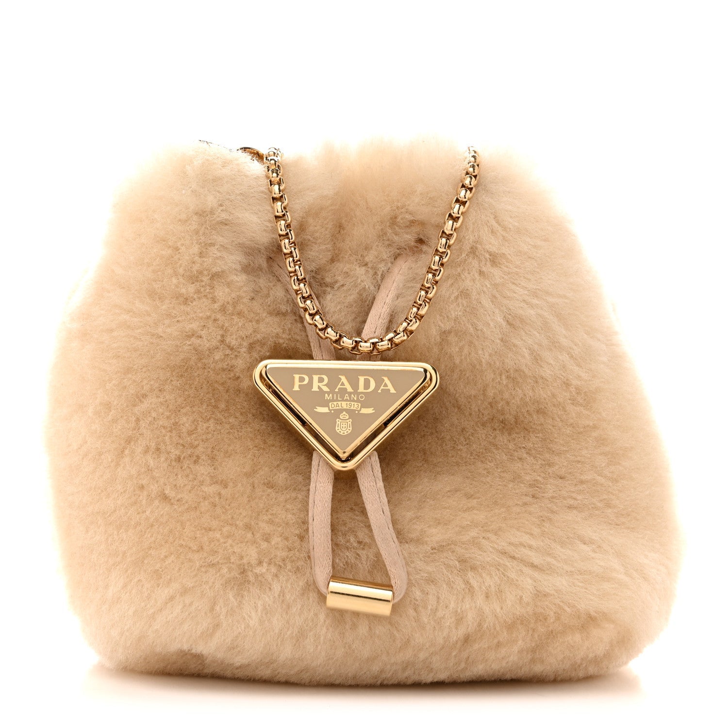 Shearling Metal Triangle Logo Mini Drawcord Pouch Shoulder Bag Ecru