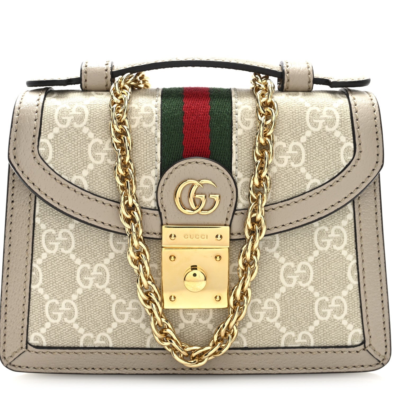 GG Supreme Monogram Textured Dollar Calfskin Web Mini Ophidia Padlock Top Handle Chain Shoulder Bag Beige Mystic White Oatmeal