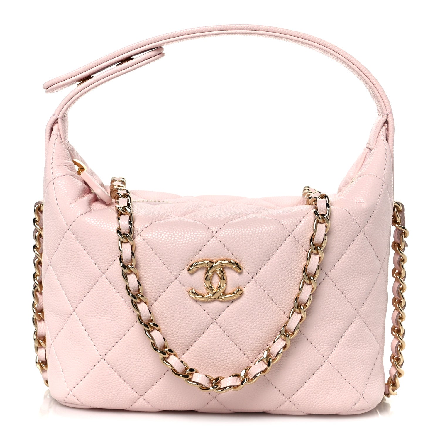 Shiny Caviar Hobo Clutch With Chain Light Pink