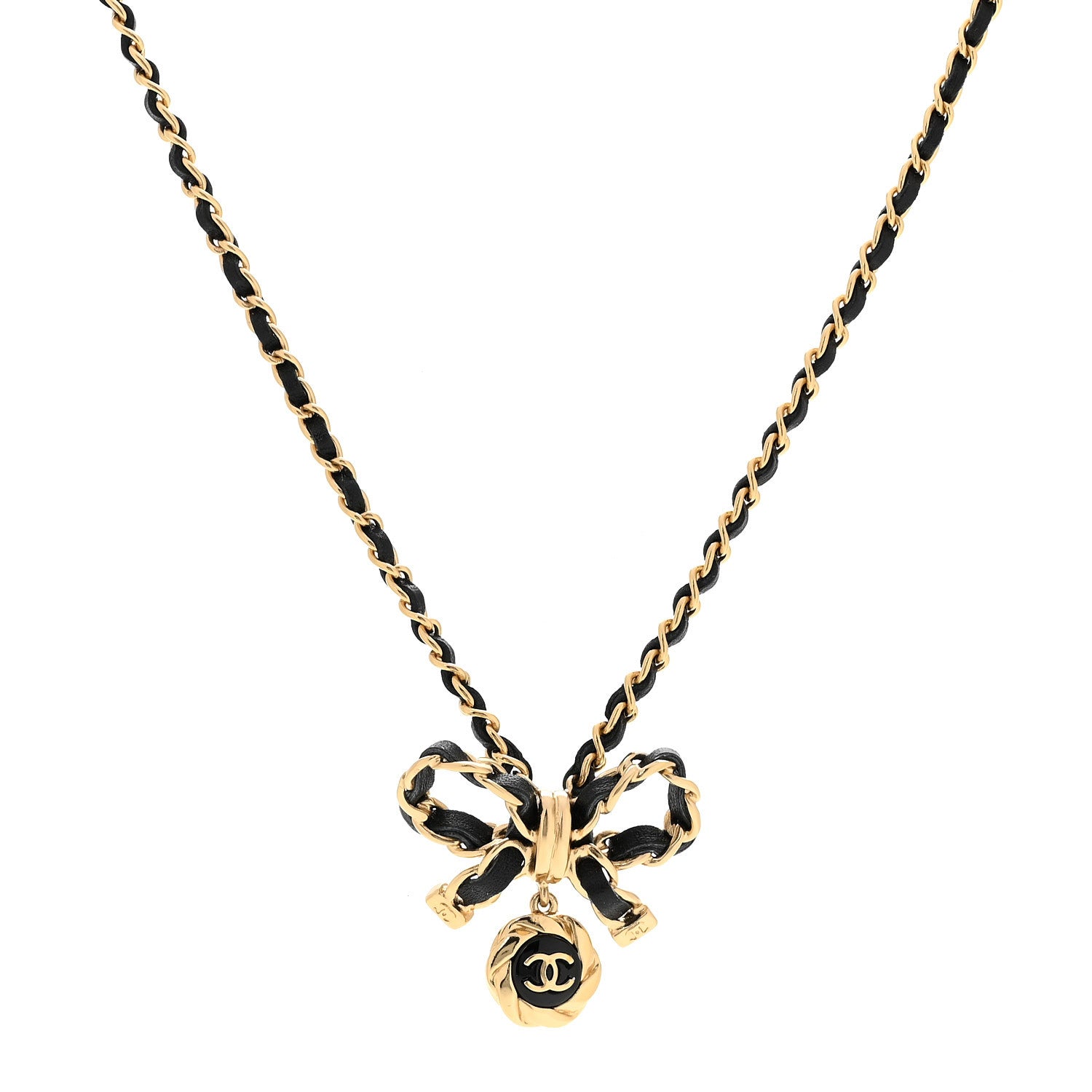 Metal Lambskin Chain CC Bow Necklace Black Gold