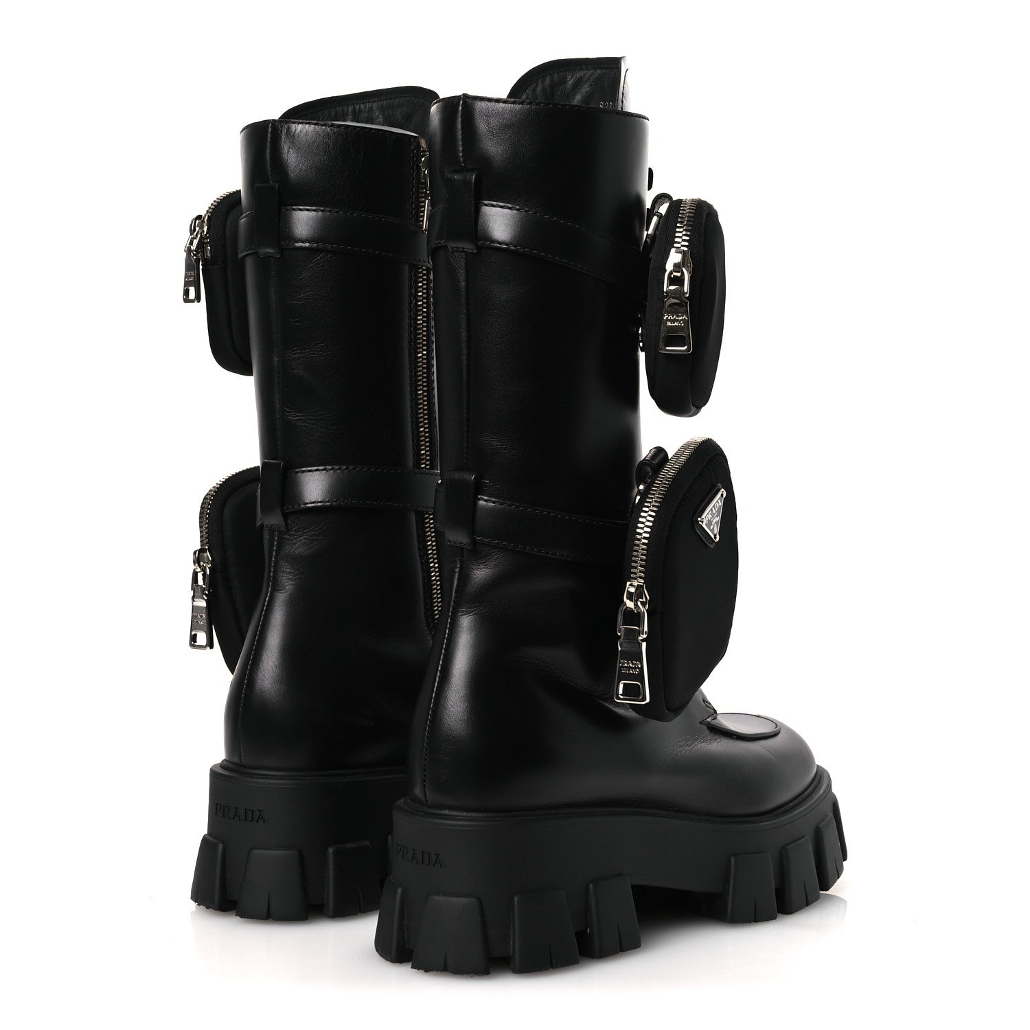 Vitello Lux Nylon Metal Triangle Logo Monolith Pouch Pocket 55mm Tall Combat Boots 38.5 Black