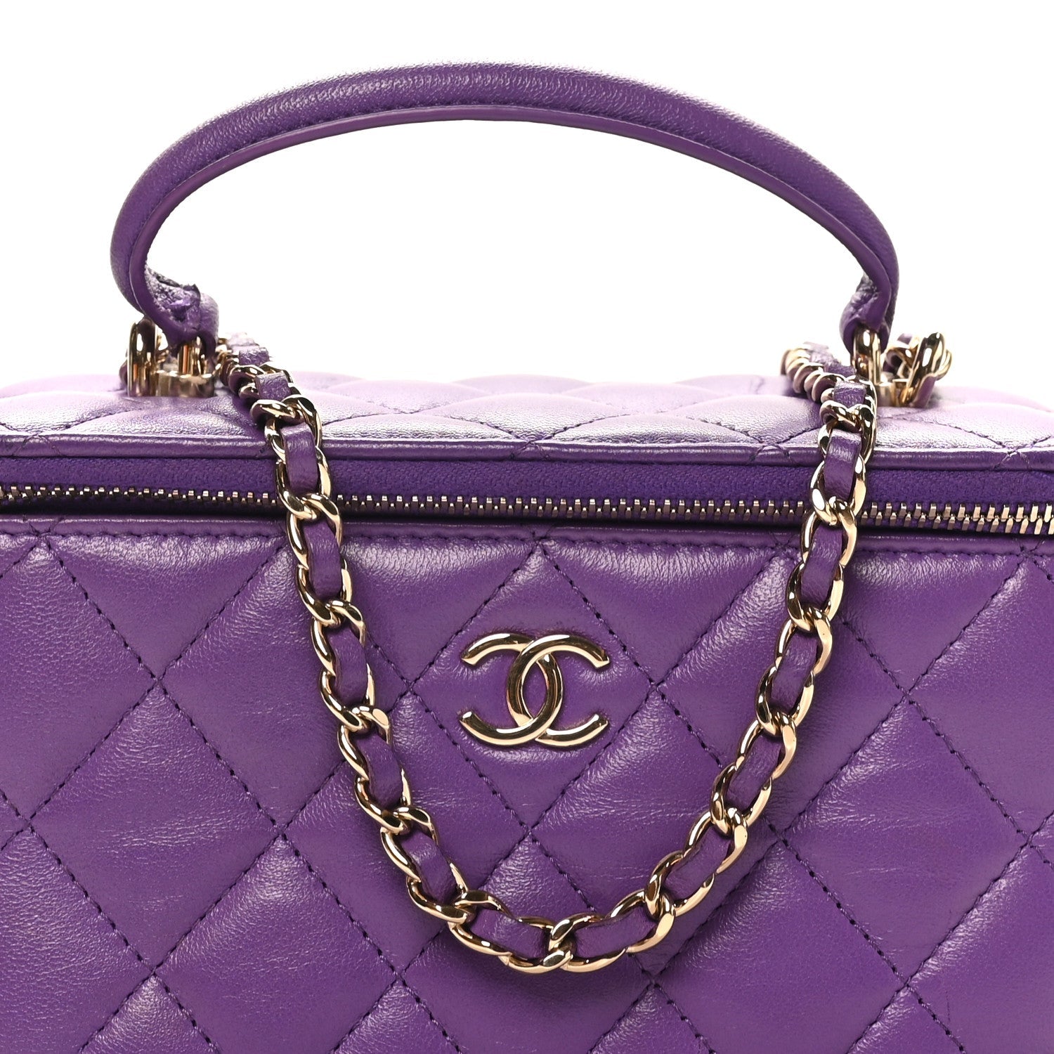 Lambskin Quilted Small Top Handle Vanity Case With Chain Purple