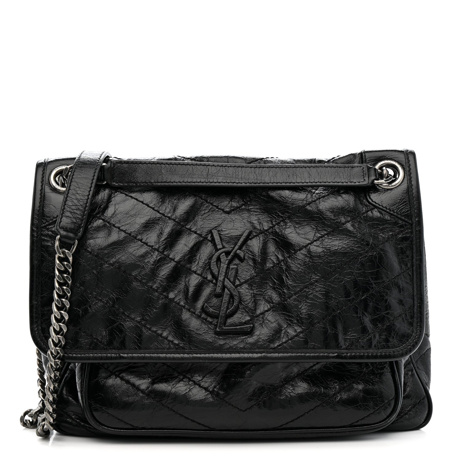 Crinkled Calfskin Matelasse Monogram Medium Niki Chain Satchel Black