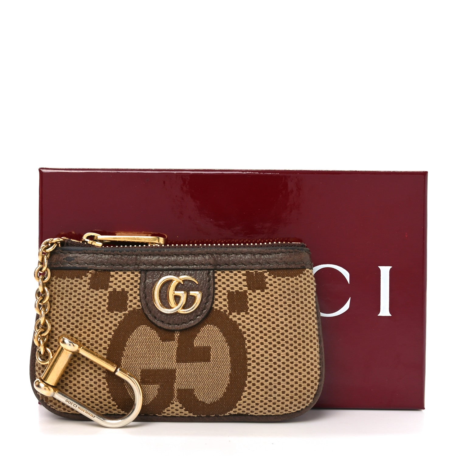 Monogram Jumbo GG Textured Dollar Calfskin Ophidia Key Case Camel Ebony New Acero