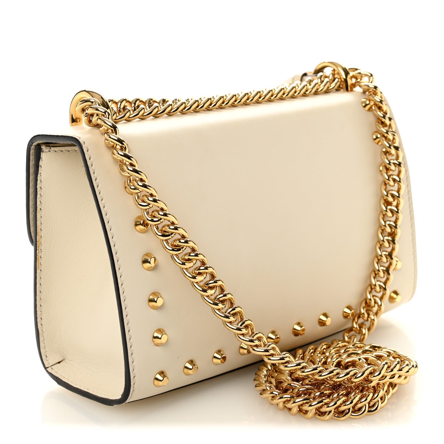Calfskin Studded Small Padlock Shoulder Bag White