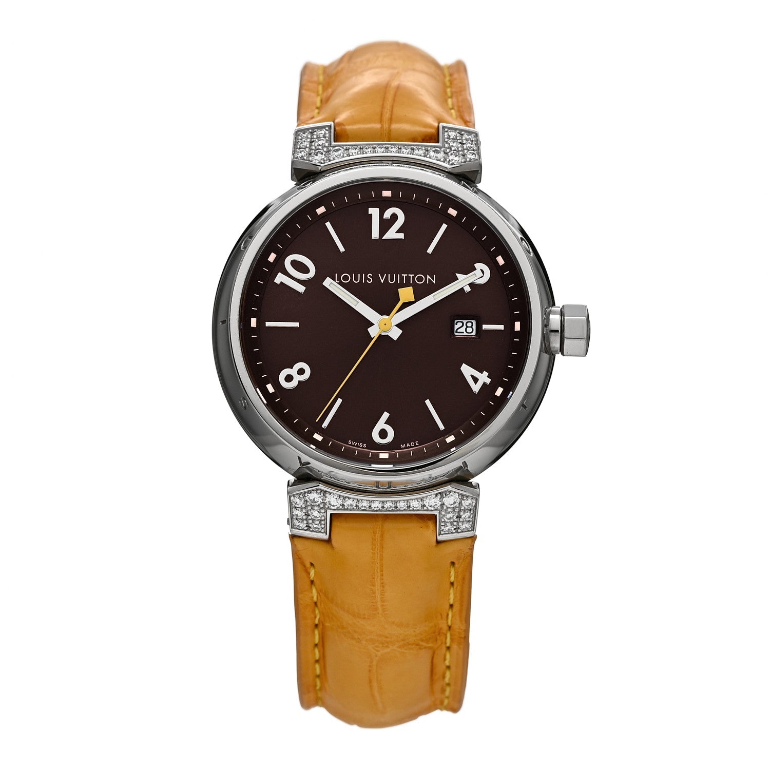 Stainless Steel Alligator Diamond 39mm Tambour Quartz Watch Brown