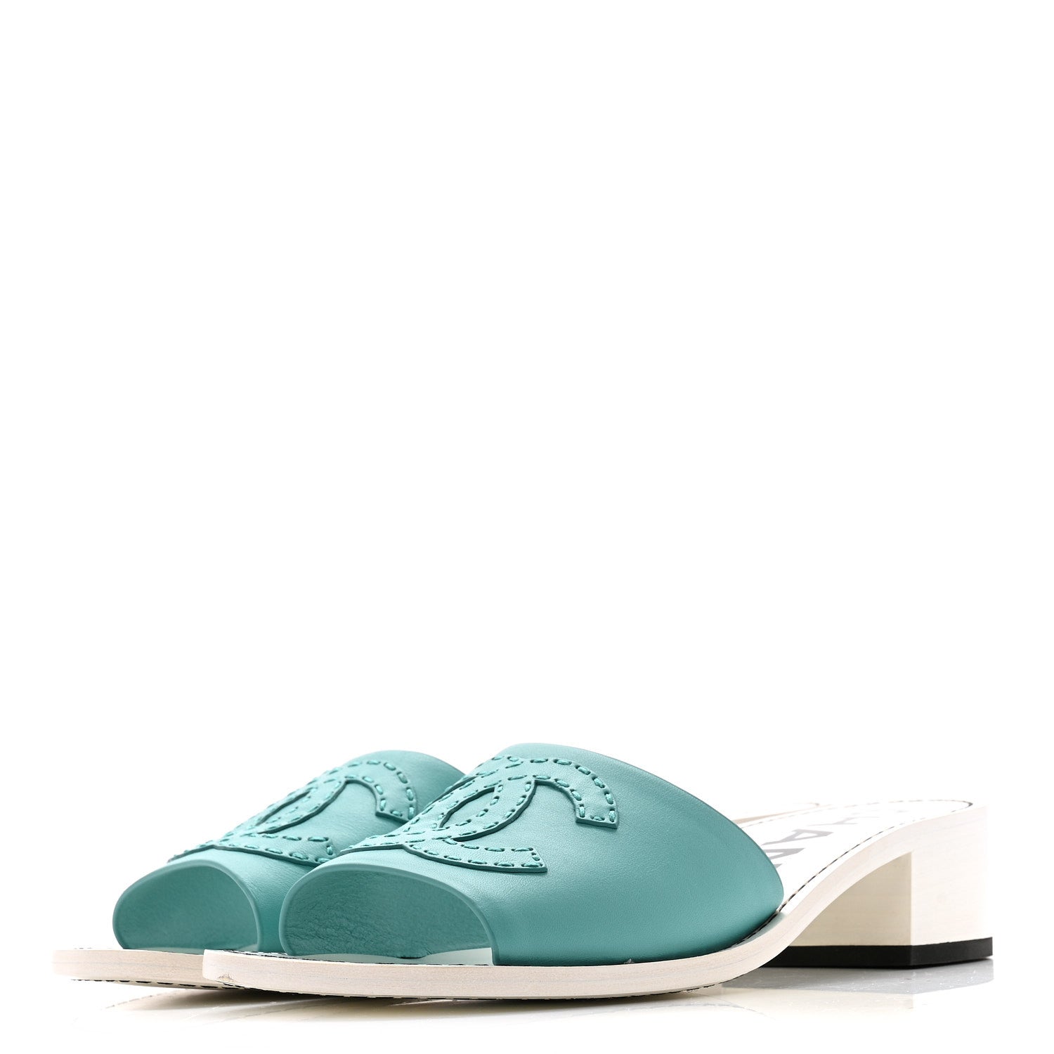 Calfskin CC Mules 39 Turquoise White