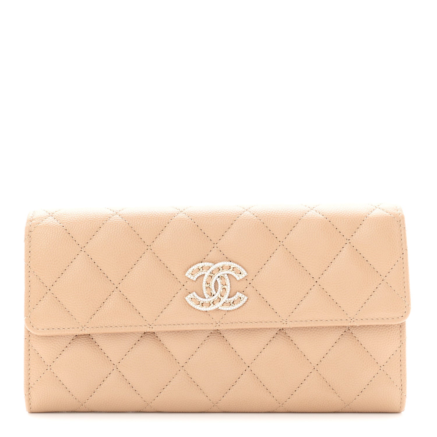 Caviar Quilted Crystal CC Large Gusset Flap Wallet Beige