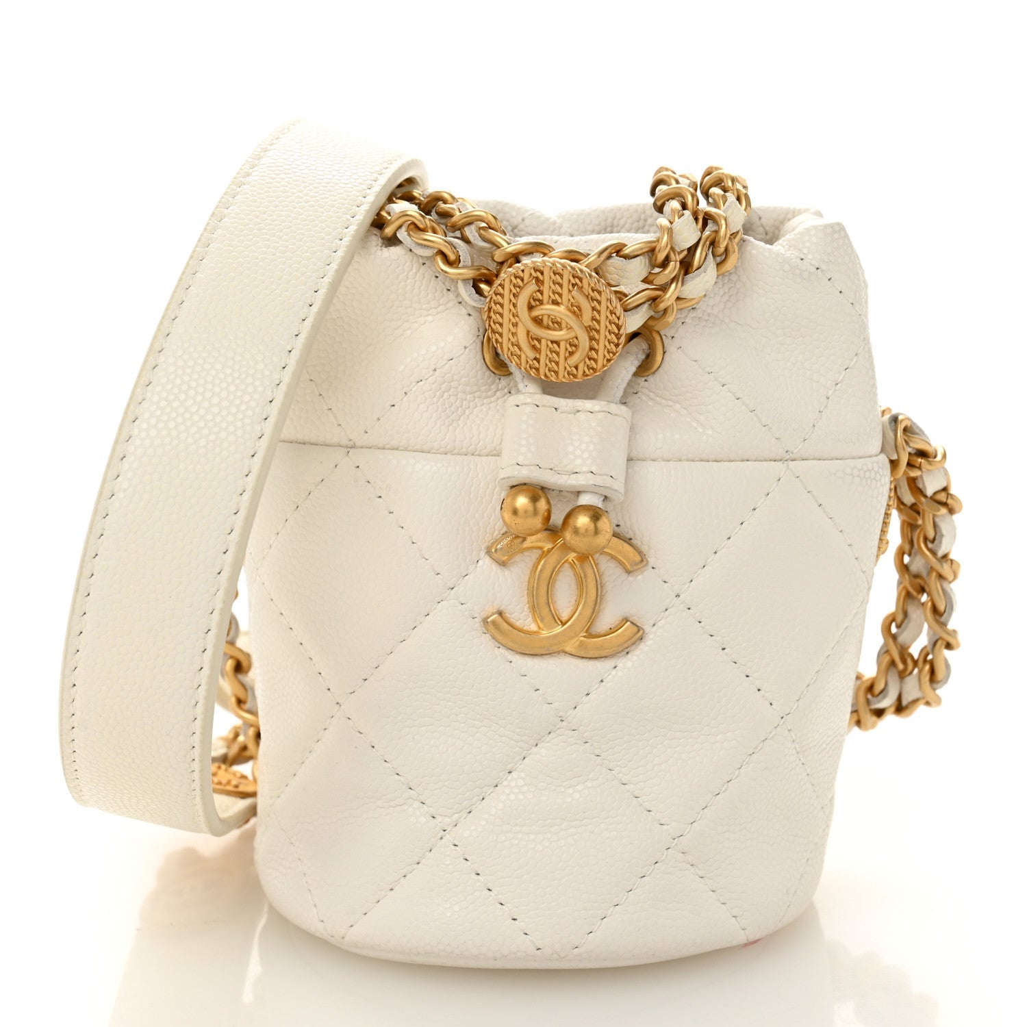 Caviar Quilted Twist Your Buttons Mini Bucket Bag White