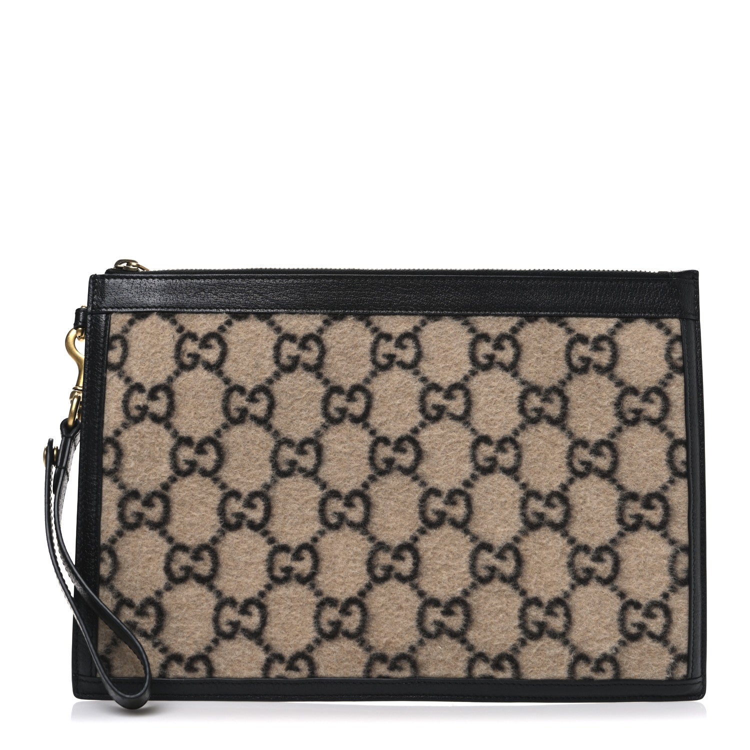 Wool GG Monogram Zip Wristlet Pouch Beige Ebony