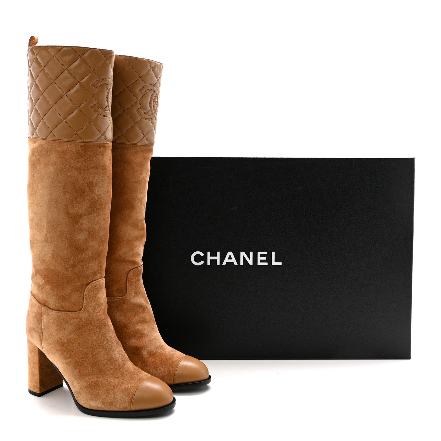 Suede Calfskin Lambskin Quilted Knee High Heel Boots 38 Beige