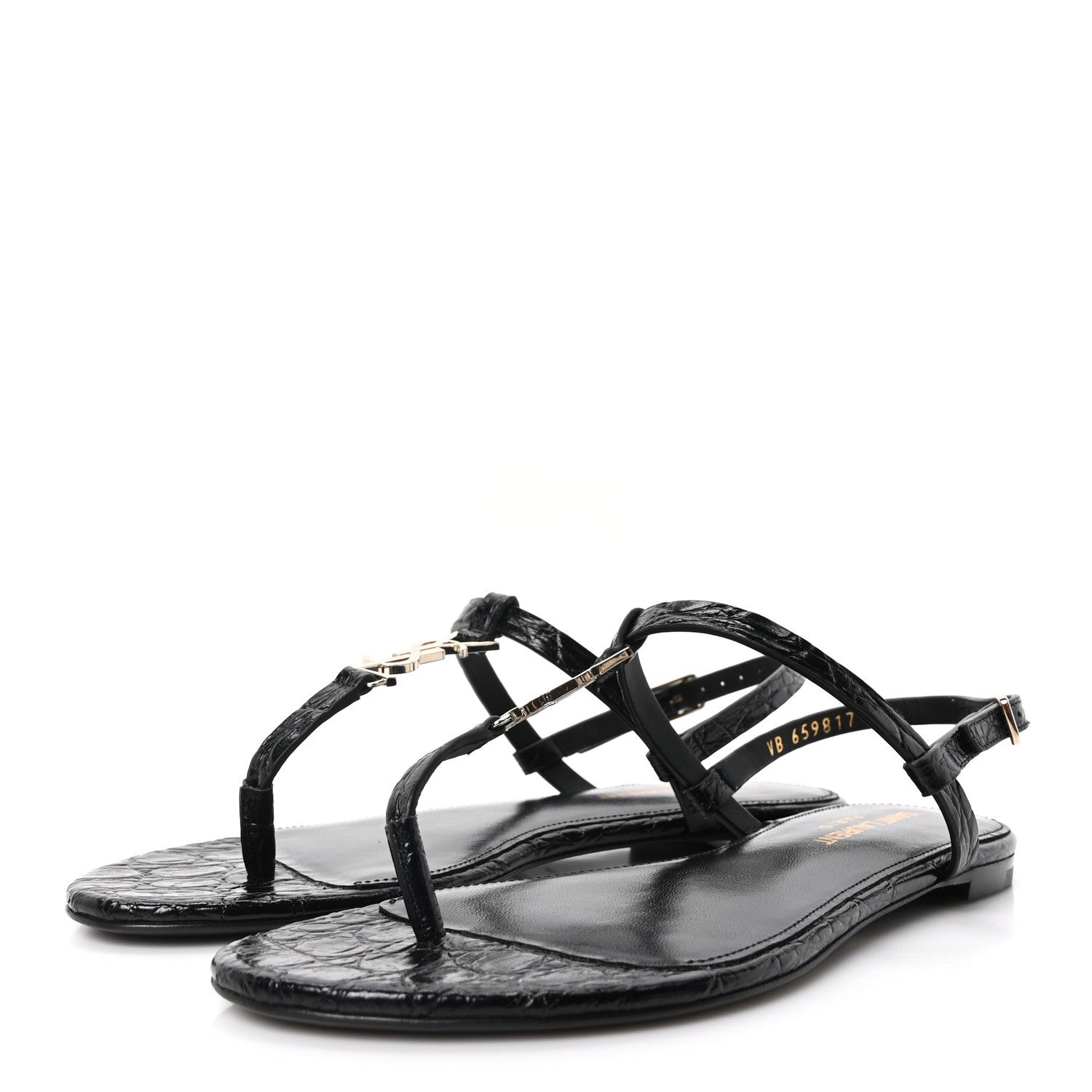 Calfskin Crocodile Embossed Cassandra Monogram Sandals 35.5 Black