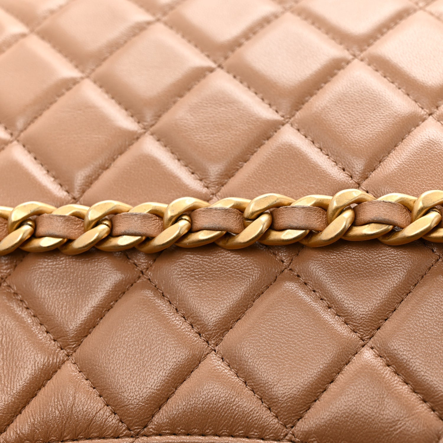 Shiny Crumpled Lambskin Quilted Large Trendy Chain Around Hobo Dark Beige