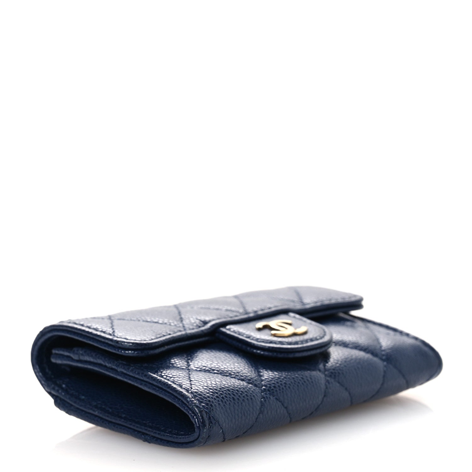 Caviar Quilted Flap Card Holder Wallet Navy Blue