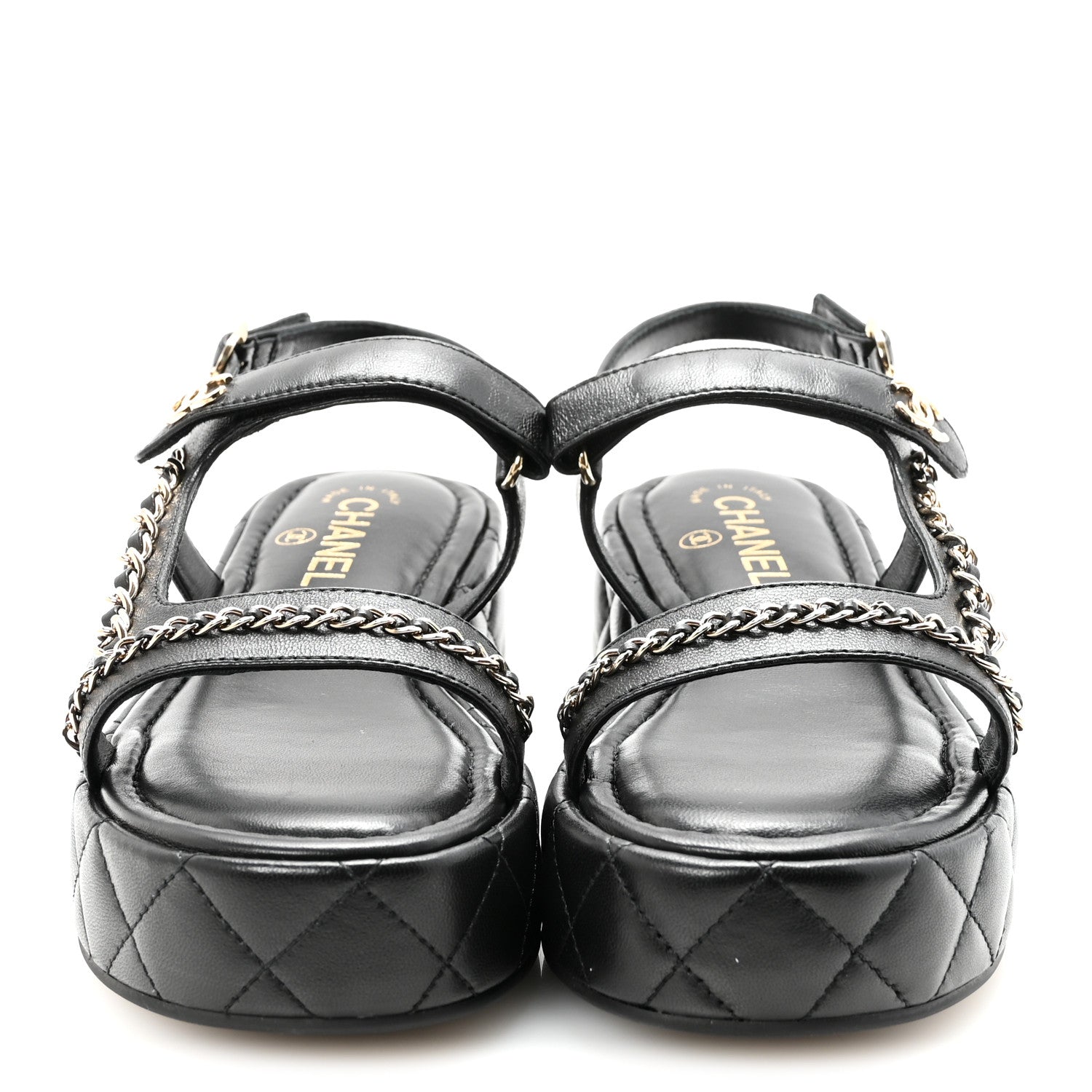 Lambskin Quilted Chain CC Platform Sandals 38.5 Black
