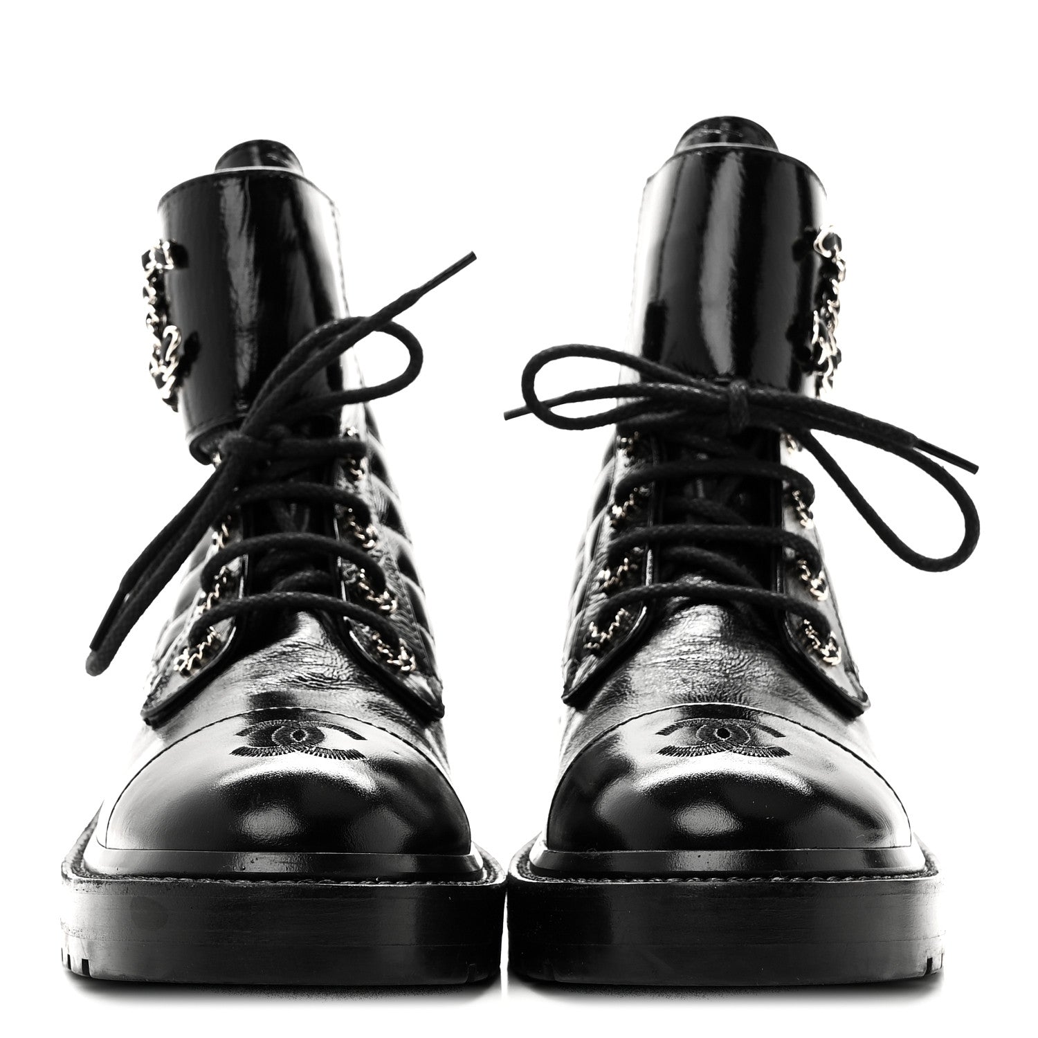 Shiny Lambskin Quilted Lace Up Combat Boots 38.5 Black