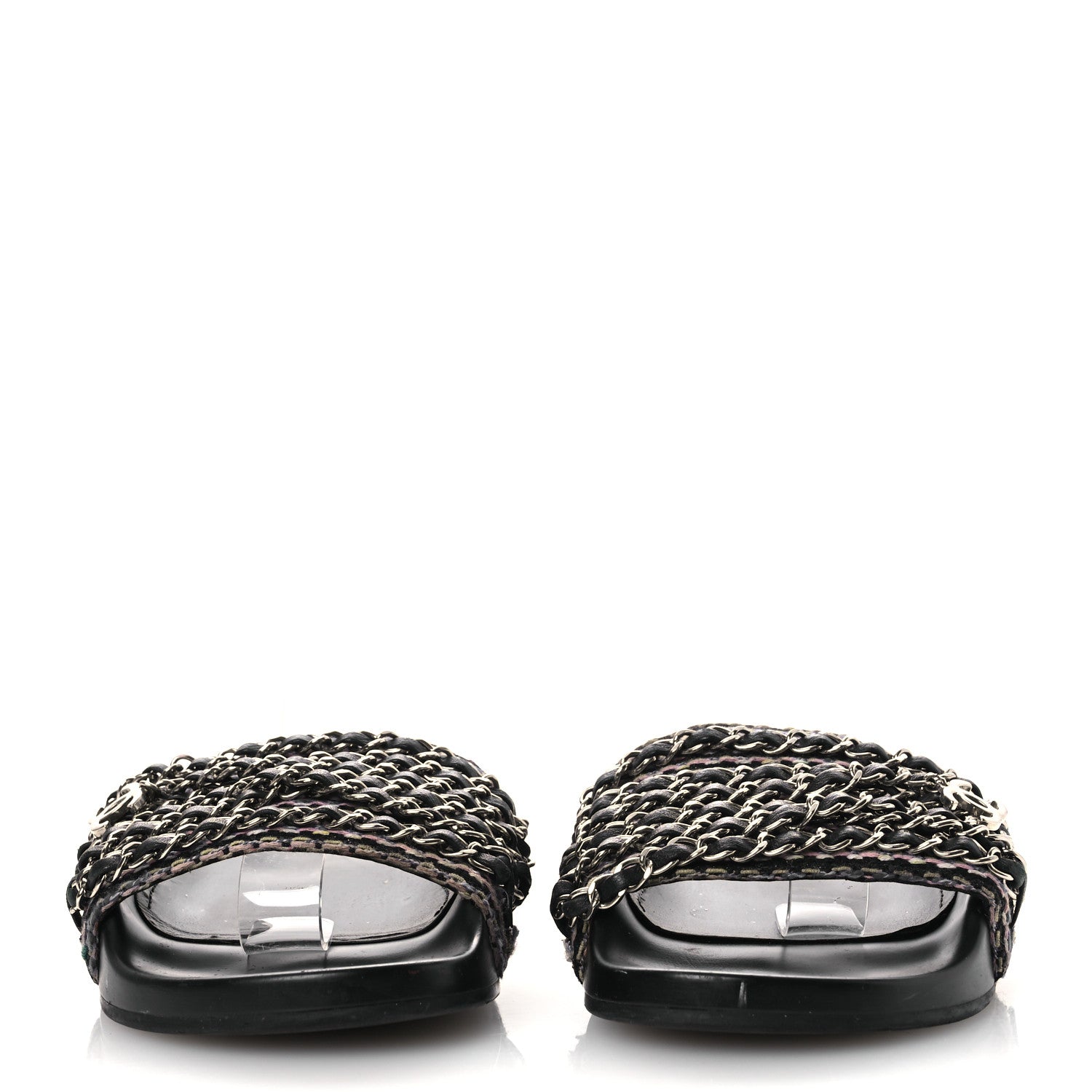 Tweed Lambskin Chain Flat Sandals 36 Black Multicolor