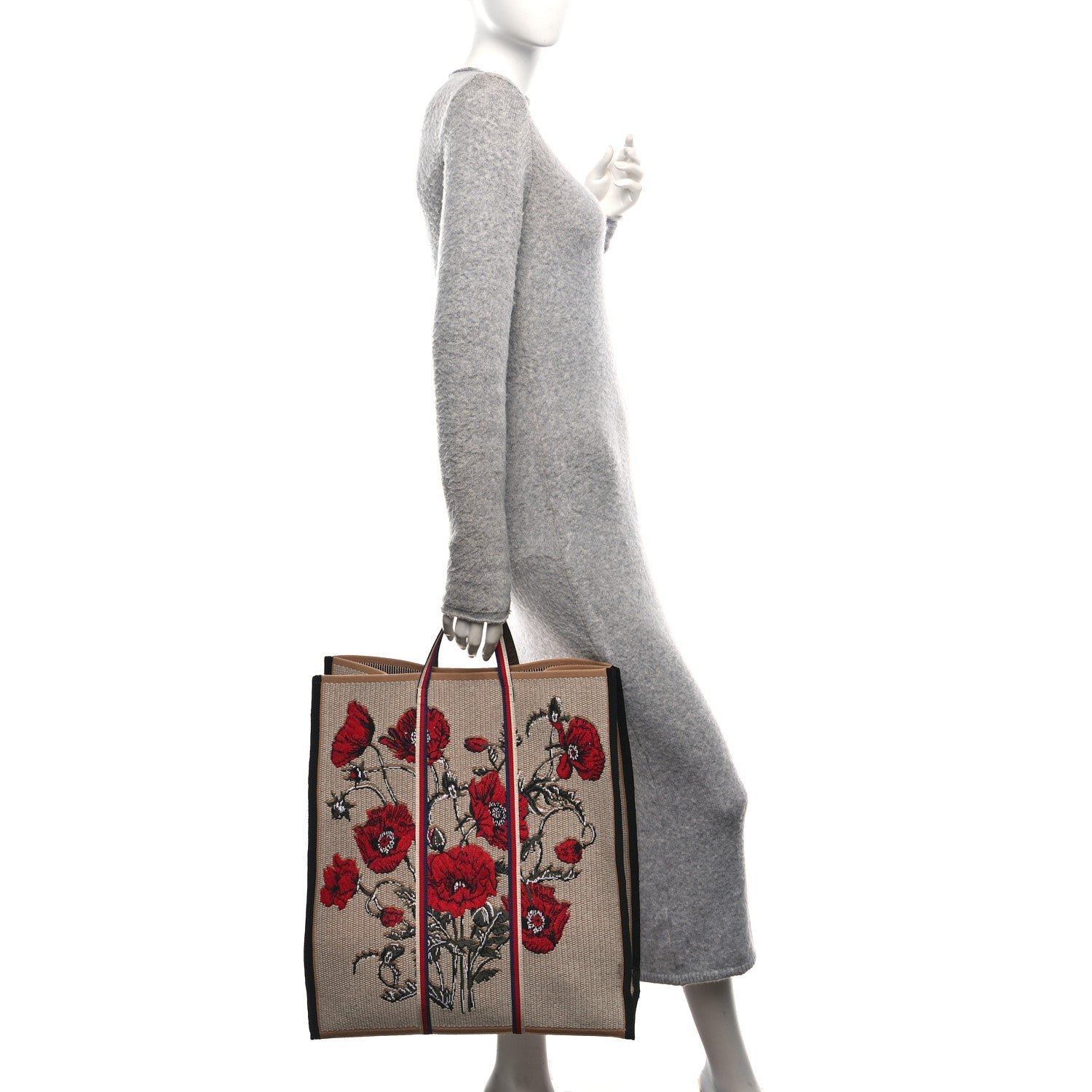 Canvas Woven Floral Embroidered Vertical Tote Beige Multicolor