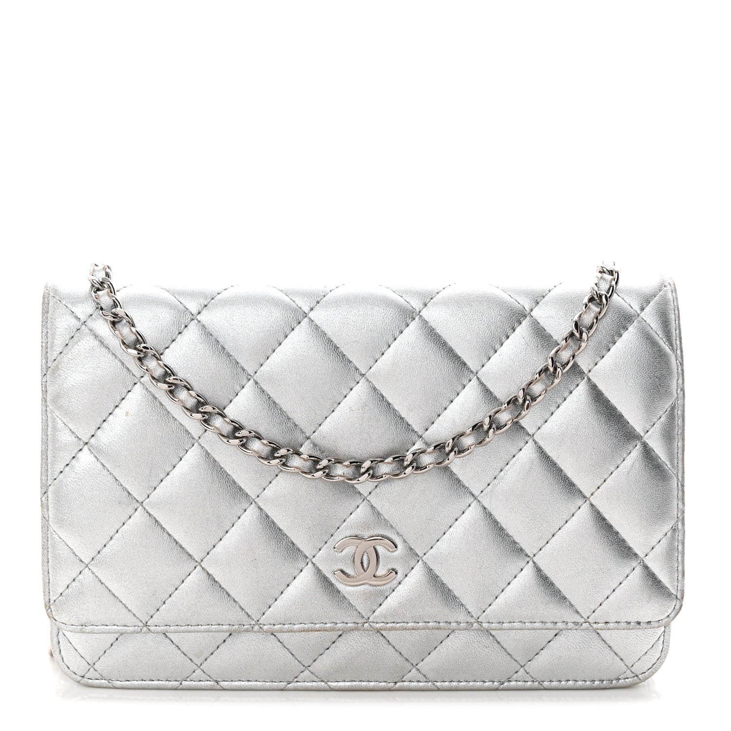 Metallic Lambskin Quilted Wallet On Chain WOC Silver