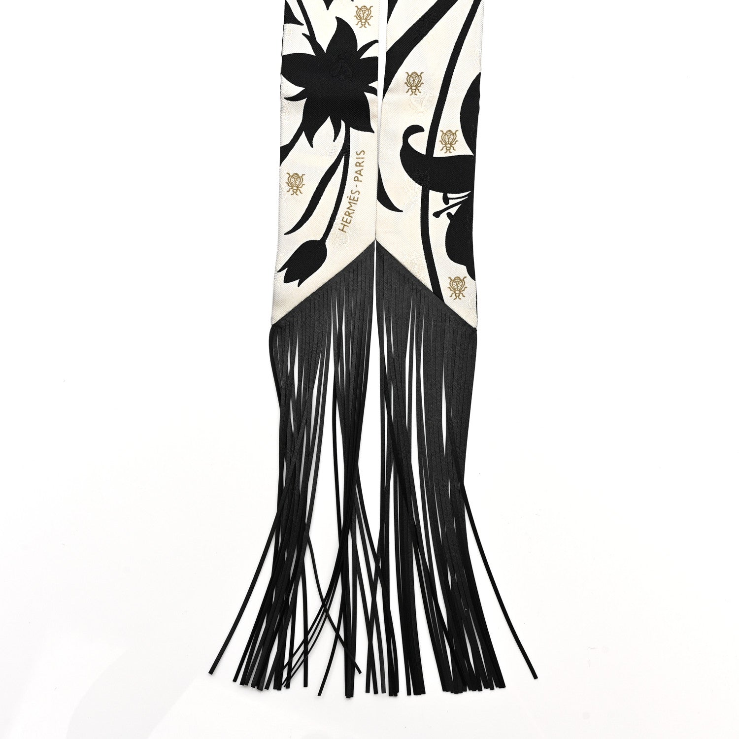 Silk Calfskin Bouquet Final Fringed Twilly Creme Black