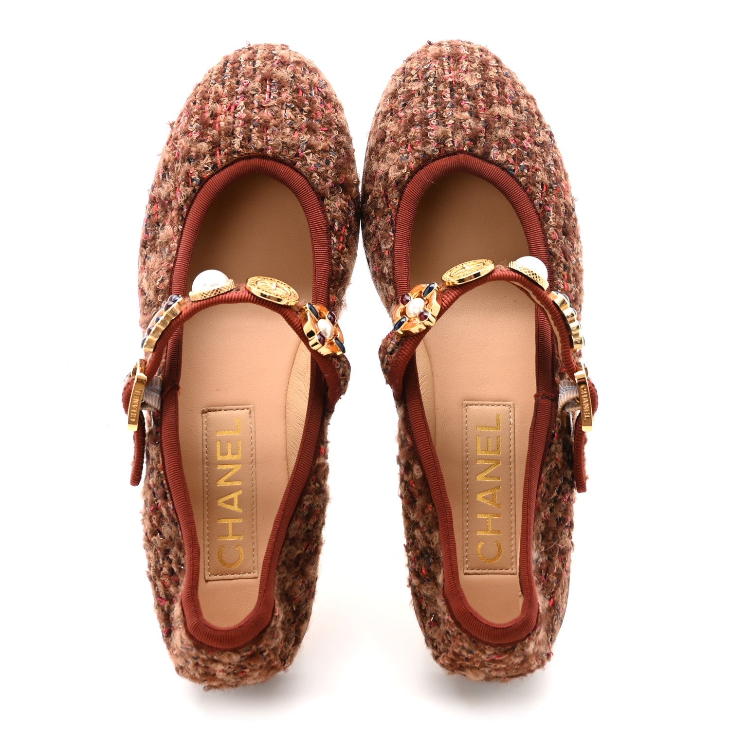 Wool Tweed Mary Jane Flats 37 Brown Red Dark Blue