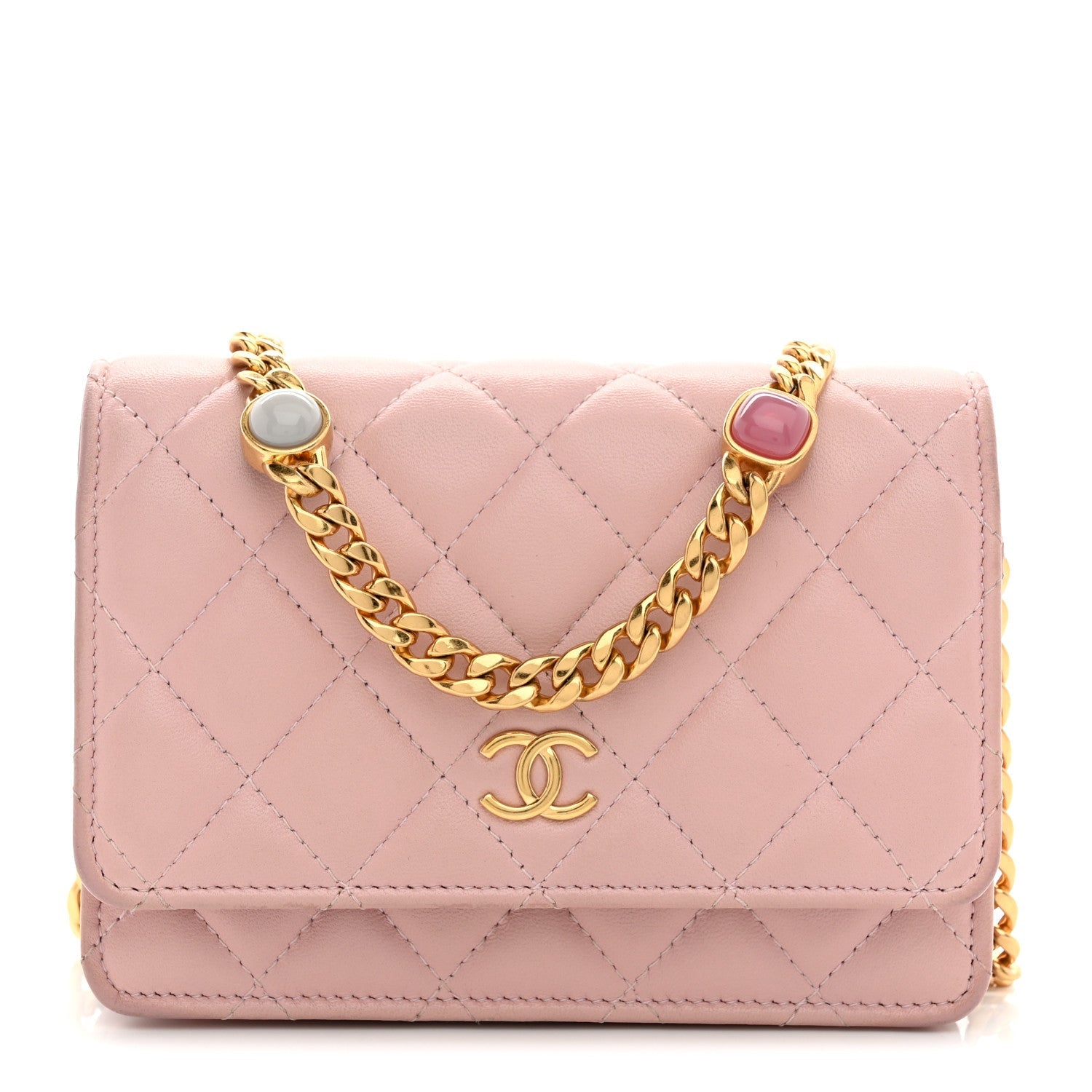 Lambskin Quilted CC Pearl Enamel Clutch on Chain WOC Light Pink